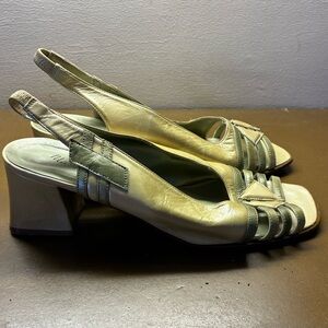 Elegant Margaret Jerrold Leather Light Green & Cream Slingback Heels